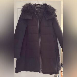 Sam Edelman Black Quilted Puffer Coat with Faux Fur Trim Hood